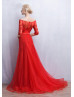 Off Shoulder Beaded Red Lace Tulle Charming Evening Dress